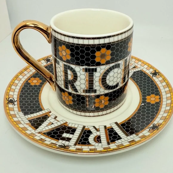 Anthropologie The Bistro Tile Stoneware Espresso Mug Cup & Saucer - Picture 2 of 10